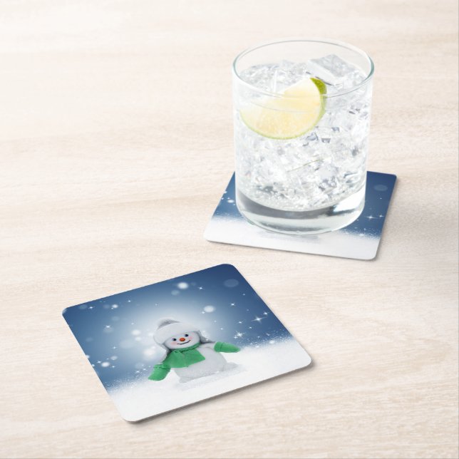 Christmas winter snowman SlipperyJoe green scarf m Square Paper Coaster (Insitu)