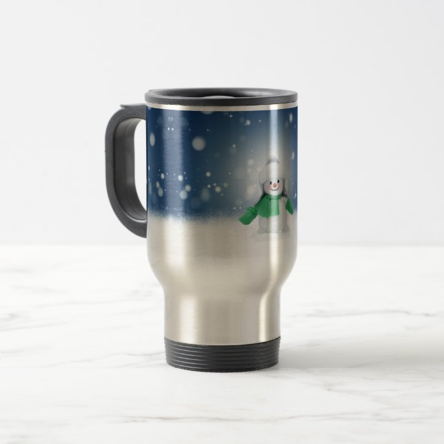 Christmas winter snowman SlipperyJoe green scarf m Travel Mug (Front Left)