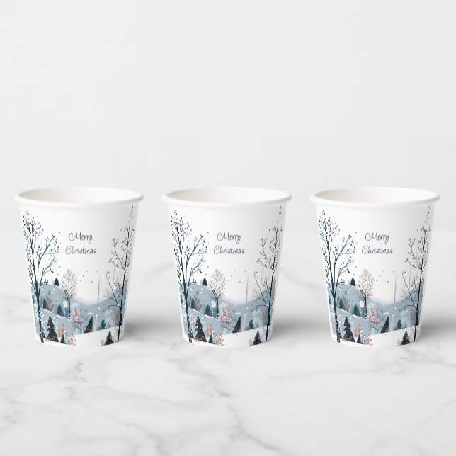 Christmas winter snowy landscape Merry Christmas Paper Cups (Multi)