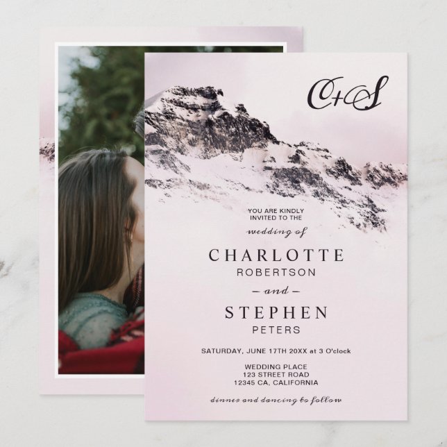 Christmas winter snowy mountain pink wedding photo invitation (Front/Back)