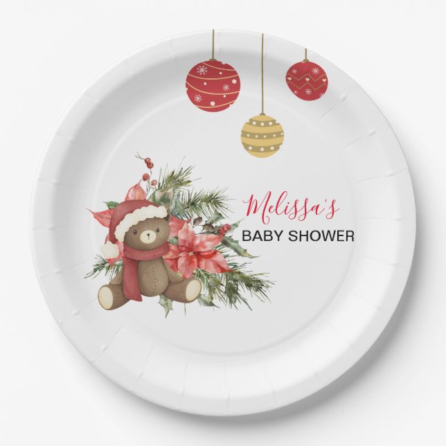 Christmas Winter Teddy Bear Red Scarf Paper Plate (Front)