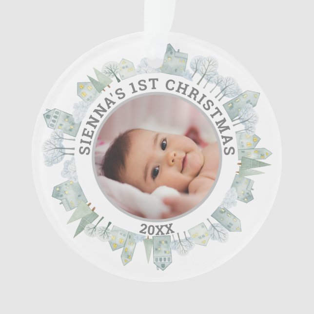 Christmas Winter Town Houses Wreath Baby Pet Photo Ornament (Front)