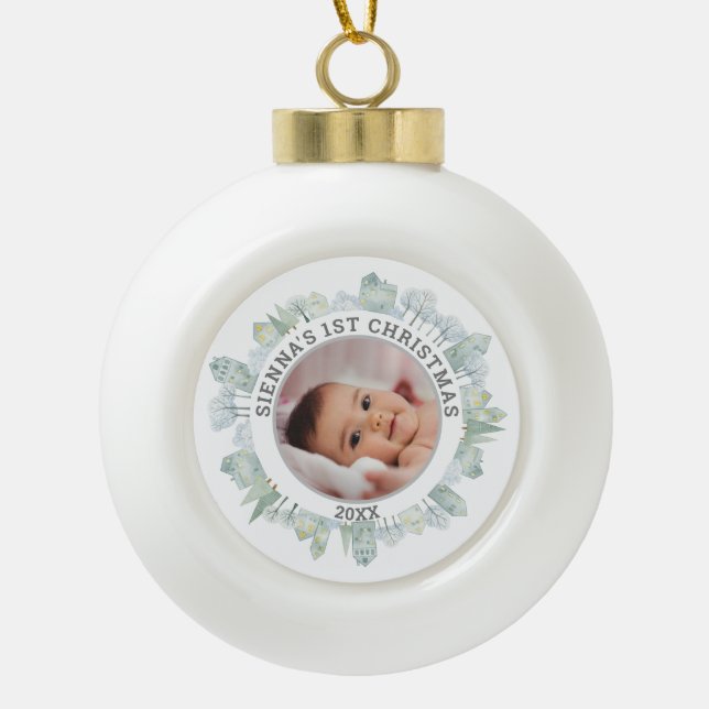 Christmas Winter Town Little Houses Baby Photo Ceramic Ball Christmas Ornament (Front)