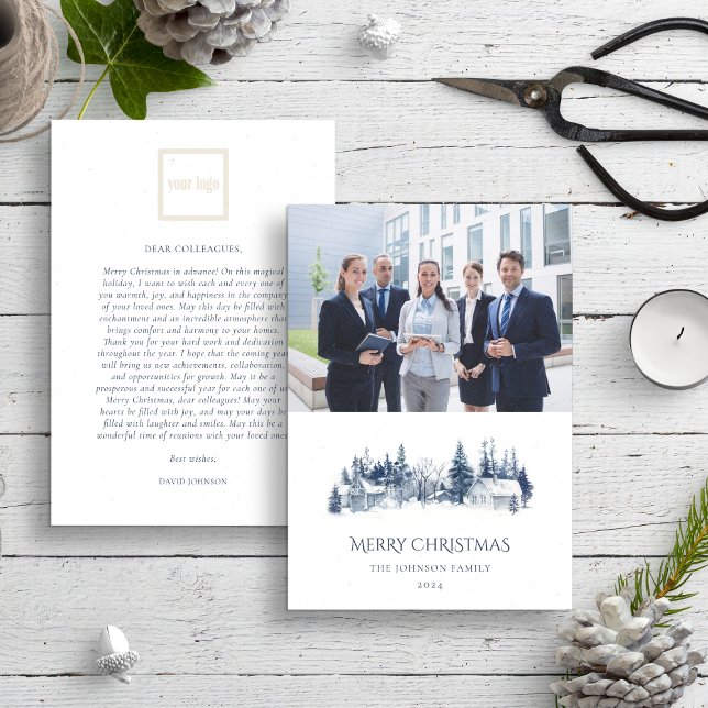 Christmas Winter Village Blue Logo Photo Business Holiday Card (Creator Uploaded)