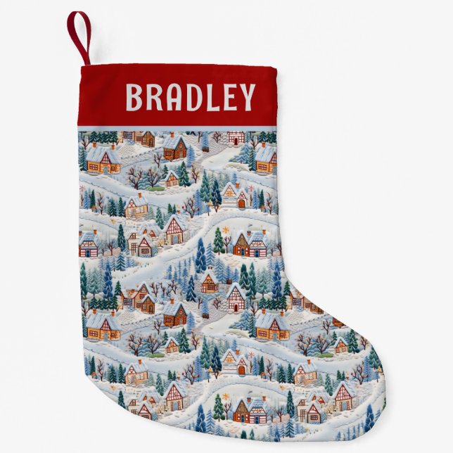 Christmas Winter Village Embroidered Personalised Small Christmas Stocking (Front)