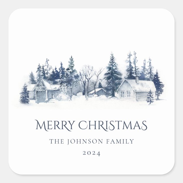 Christmas Winter Village Landscape Blue White Square Sticker (Front)