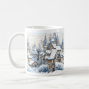 Christmas Winter Village Snowy Roof tops Blue Mug