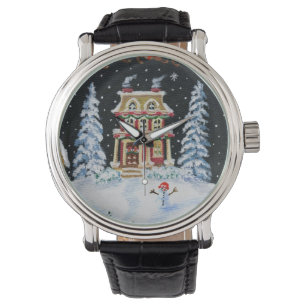 Christmas,winter,watch,snowman,house,snow,stars Watch