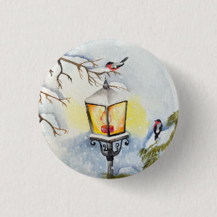 Christmas winter watercolor landscape 3 cm round badge