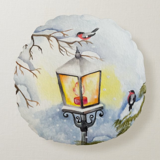 Christmas winter watercolor landscape round cushion (Front)