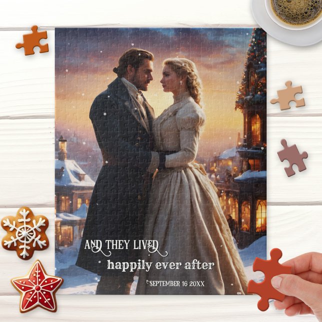 Christmas Winter Wedding Anniversary Vintage Art Jigsaw Puzzle (Puzzle featuring a vintage painting of a fairy tale love in a festive Christmas winter town)