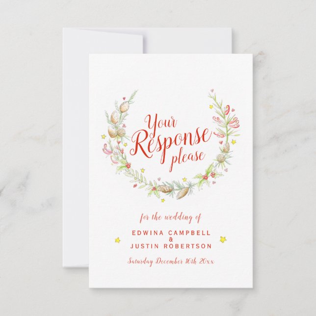 Christmas winter wedding floral wreath art RSVP card (Front)