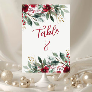 Christmas Winter Wedding Red Holly and Greenery Table Number