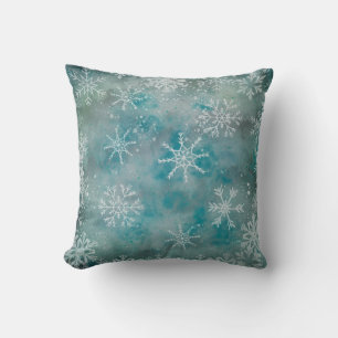 Christmas Winter White Snowflakes On Blue Cushion