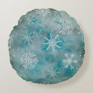 Christmas Winter White Snowflakes On Blue Round Cushion