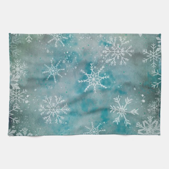 Christmas Winter White Snowflakes On Blue  Tea Towel (Horizontal)