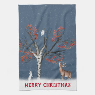 Christmas Winter Wildlife In Snowflake Tea Towel