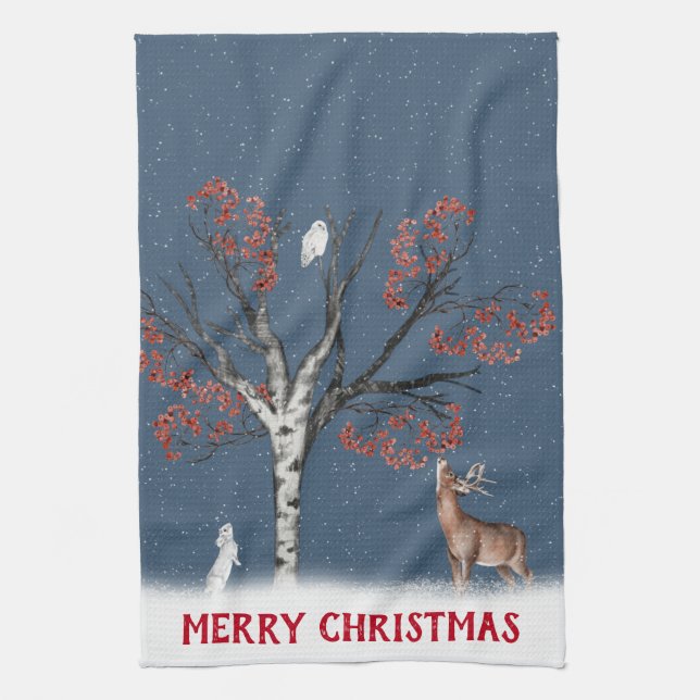 Christmas Winter Wildlife In Snowflake Tea Towel (Vertical)