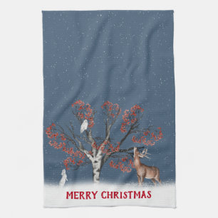 Christmas Winter Wildlife In Snowflakes Kitchen To Tea Towel