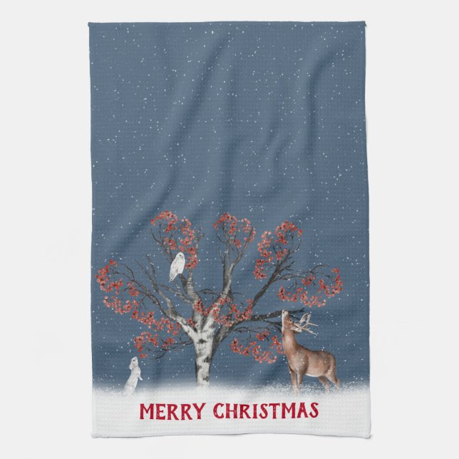 Christmas Winter Wildlife In Snowflakes Kitchen To Tea Towel (Vertical)