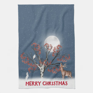 Christmas Winter Wildlife with Moon Tea Towel