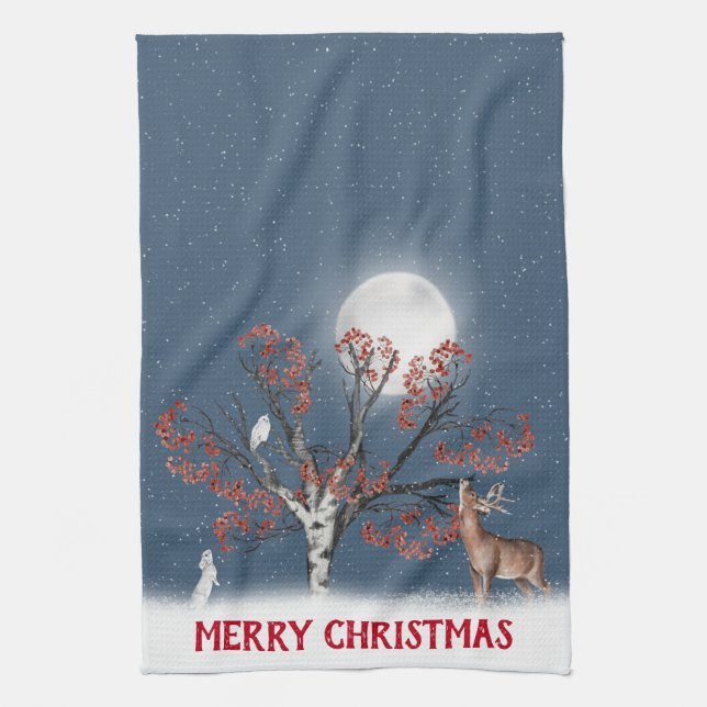 Christmas Winter Wildlife with Moon Tea Towel (Vertical)