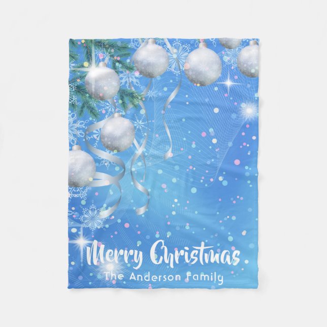 Christmas winter with silver ornaments and stars fleece blanket (Front)