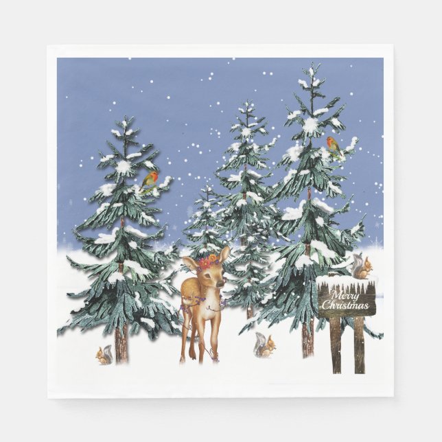 Christmas Winter Wonderland Deer Pine Trees Napkin (Front)