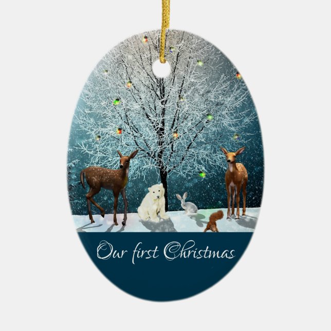 Christmas Winter Wonderland Wildlife Ceramic Tree Decoration (Front)
