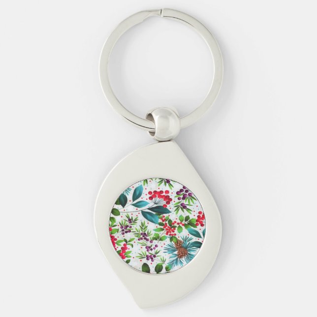 Christmas Winter Wood Nature Holly Berry Pinecones Key Ring (Front)