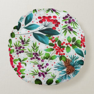 Christmas Winter Wood Nature Holly Berry Pinecones Round Cushion