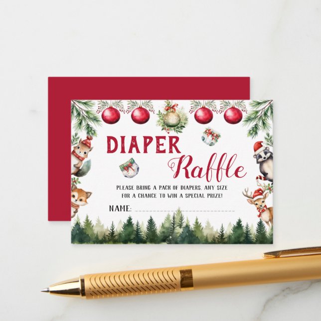 Christmas Winter Woodland Animals Diaper Raffle Enclosure Card (Front/Back In Situ)
