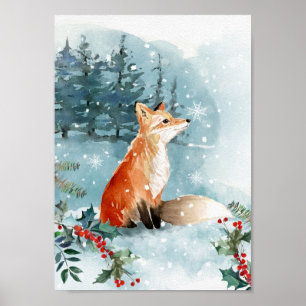 Christmas, winter woodland, fox Poster