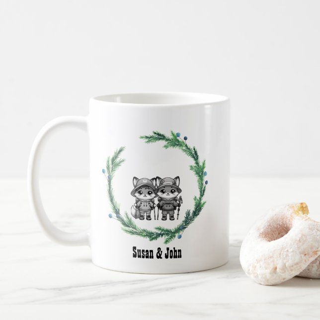 Christmas Winter Wreath Camp Newlywed Couple Fox Coffee Mug (With Donut)