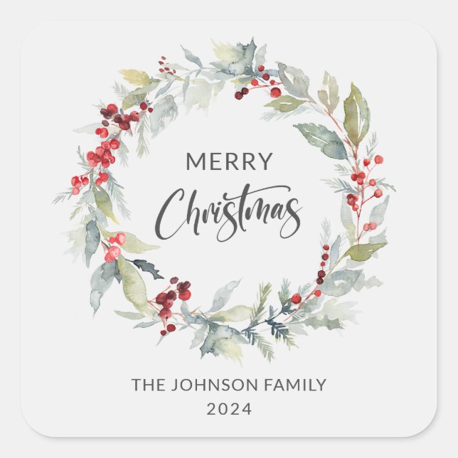 Christmas Winter Wreath of Red Berries Square Sticker (Front)