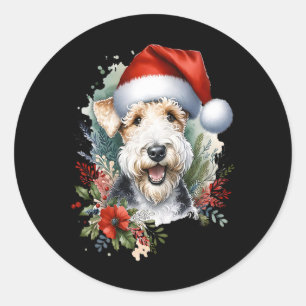 Christmas Wire Fox Terrier Dog Watercolor Artwork Classic Round Sticker