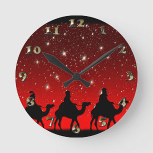 Christmas Wise Men Red Sky Star Lite Night Round Clock
