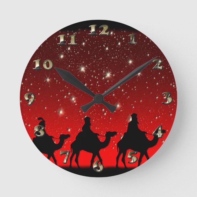 Christmas Wise Men Red Sky Star Lite Night Round Clock (Front)