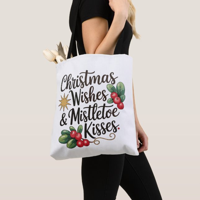 Christmas Wishes And Mistletoe Kisses Family Xmas Tote Bag (Close Up)