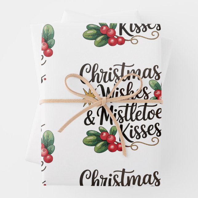 Christmas Wishes And Mistletoe Kisses Family Xmas Wrapping Paper Sheet (In situ)