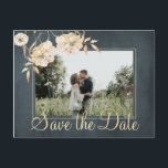 Christmas wishes and save the date wedding chic announcement postcard<br><div class="desc">Ivory cream watercolor dahlias flowers with botanical foliage on dark midnight blue elegant chalkboard style photo save the date wedding postcard with holiday wishes on the reverse.           Easy to personalise with your names and text!            Suitable for vintage romantic winter or autumn fall or bohemian themed weddings.</div>