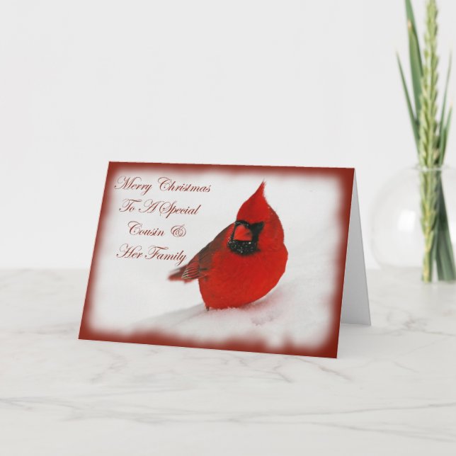 Christmas Wishes Cardinal Cousin & Family Holiday Card (Front)