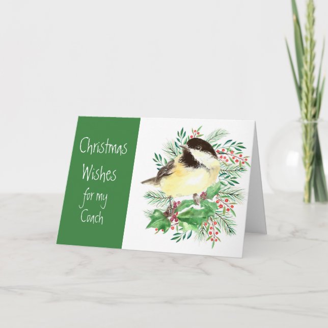 Christmas Wishes  Chickadee Bird Coach Holiday Card (Front)
