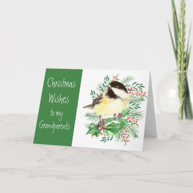 Christmas Wishes  Chickadee Bird Grandparents Holiday Card (Front)