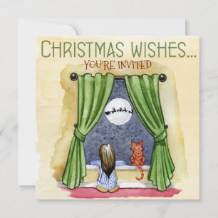 Christmas Wishes Child & Kitty Cat Xmas Party Invitation
