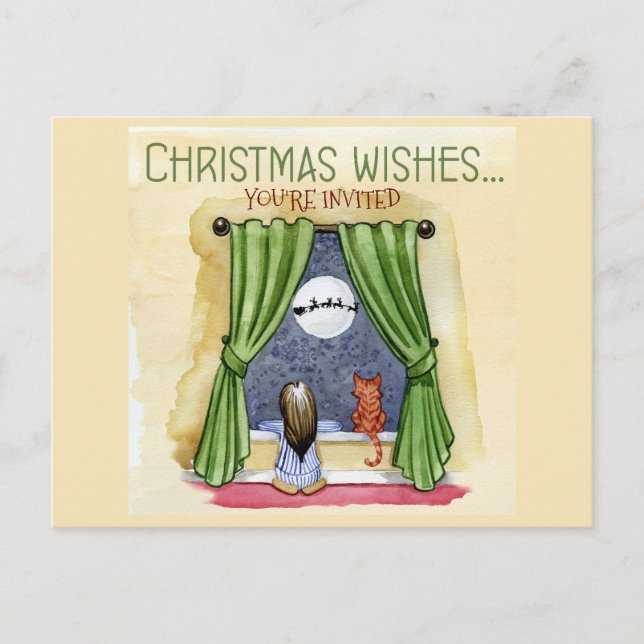 Christmas Wishes Child & Kitty Cat Xmas Party Postcard (Front)