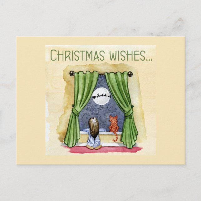 Christmas Wishes Child & Kitty Cat Xmas Postcard (Front)