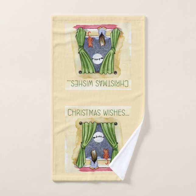 Christmas Wishes Cute Child & Kitty Cat Xmas Bath Towel Set (Hand Towel)