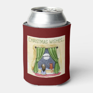 Christmas Wishes Cute Child & Kitty Cat Xmas Can Cooler