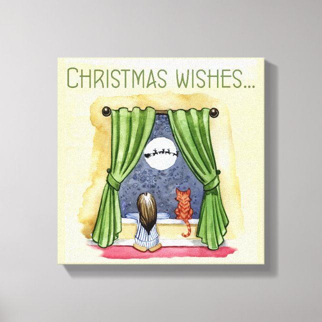 Christmas Wishes Cute Child & Kitty Cat Xmas Canvas Print (Front)